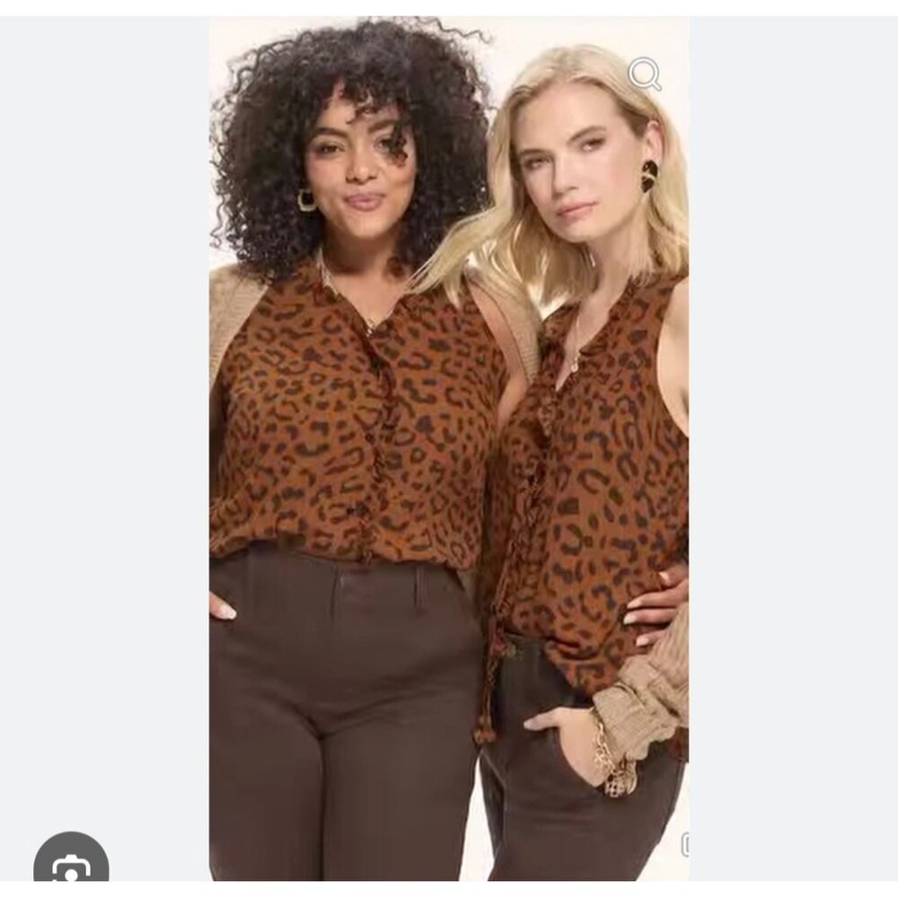 CABI Skin Take Two Sleeveless Blouse Ruffled V-Neck Brown Black Sz M #8042 NWOT